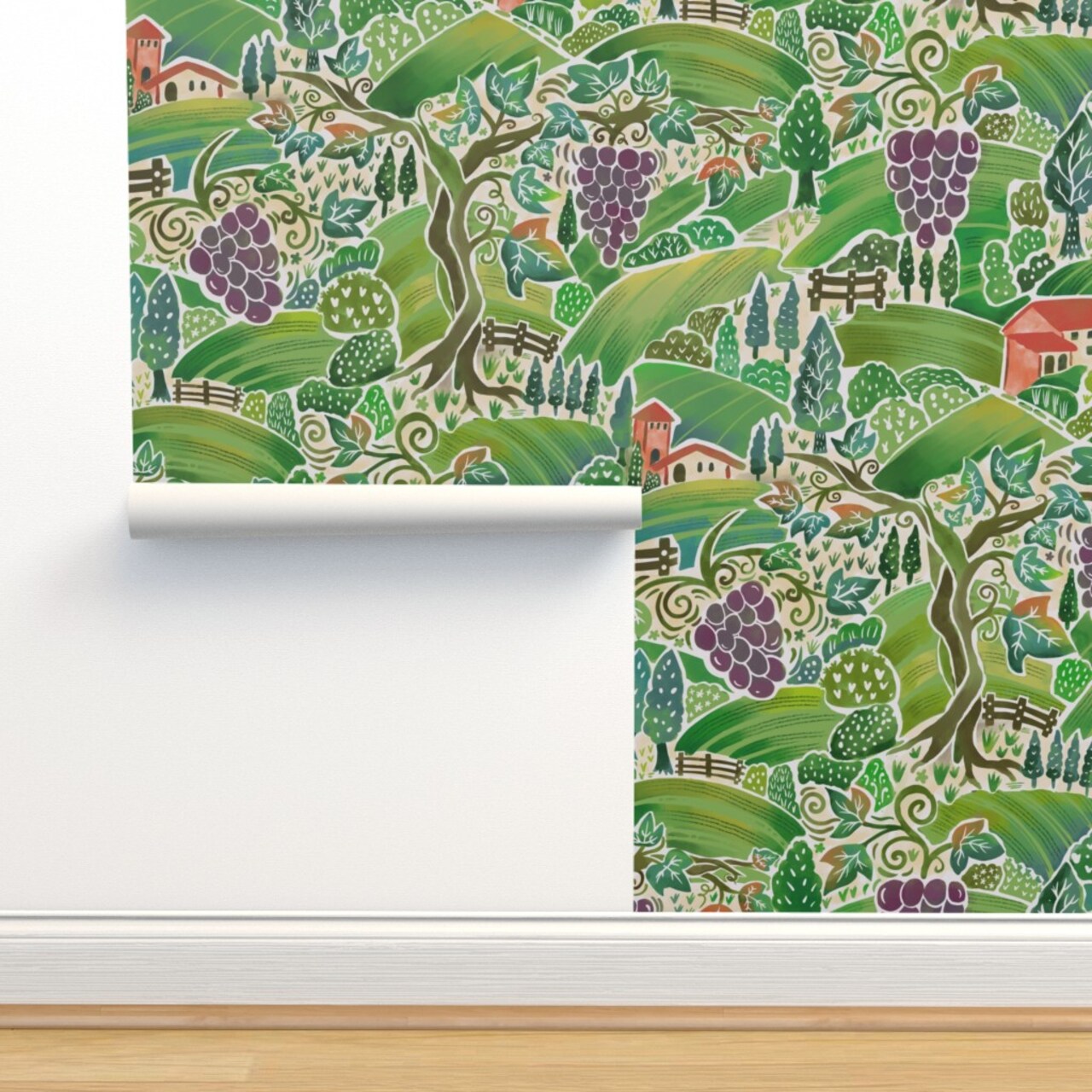 Green Countryside Grapes Italy Vineyard Tuscany Meadows Farmland Farms Red Wine Purple Large Scale Custom Removable Wallpaper by Spoonflower Peel & Stick Wallpaper 2FT Wide